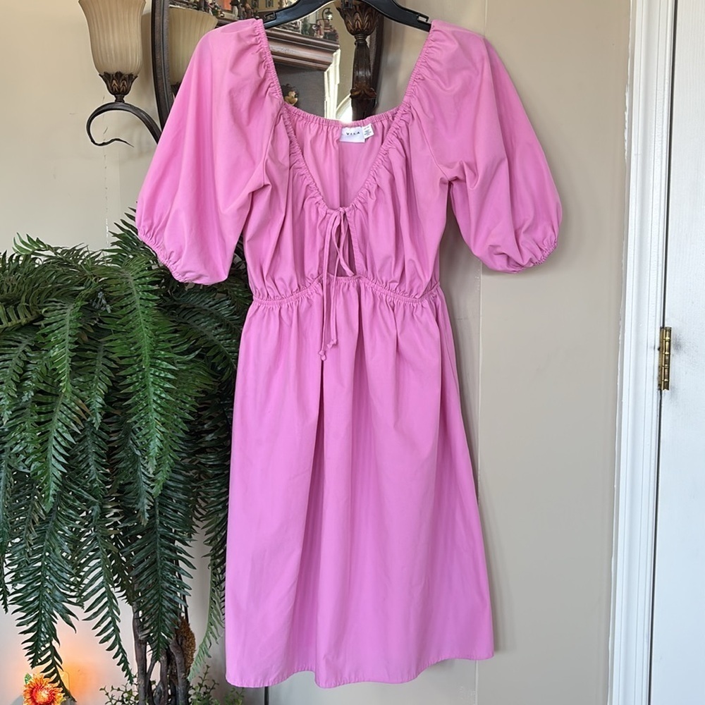 Vila mini dress with cut-out bow tie in bubblegum pink balloon puff sleeves